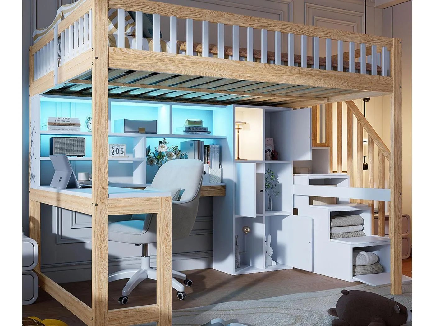 Hochbett-Kombination 140×200 cm - mit LED-Beleuchtung - Treppe mit Stauraum - mit Regalen - mit Schreibtisch - Weiß + Natur (Matratze nicht inbegriffen)