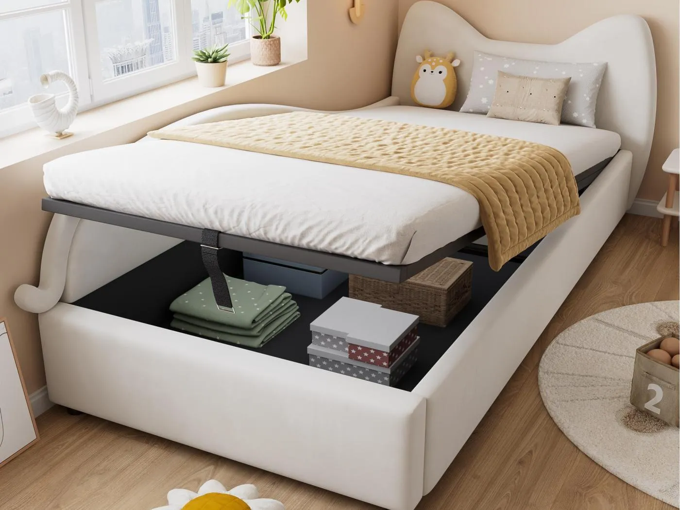 Kinder-Stauraumbett 90×200 cm - Katzenohr-Kopfteil - linke Schutzseite - mit Lattenrost - Samt + Sperrholz - Beige