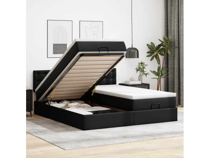 Ottoman-Bett mit Matratzen & LEDs Schwarz 200x200 cm Kunstleder