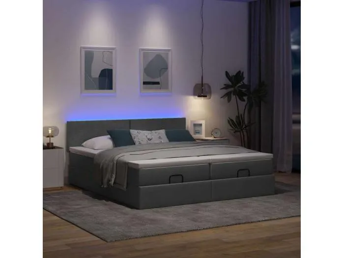 Ottoman-Bett mit Matratzen & LEDs Dunkelgrau 200x200 cm Stoff