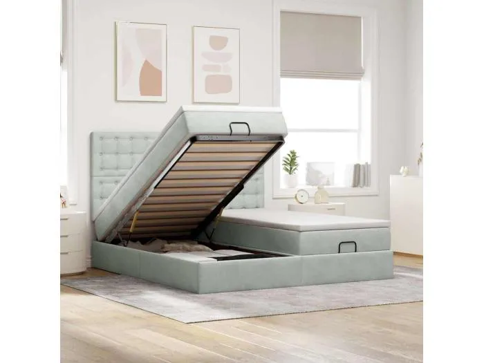 Ottoman-Bett mit Matratzen & LEDs Hellgrau 200x200 cm Samt