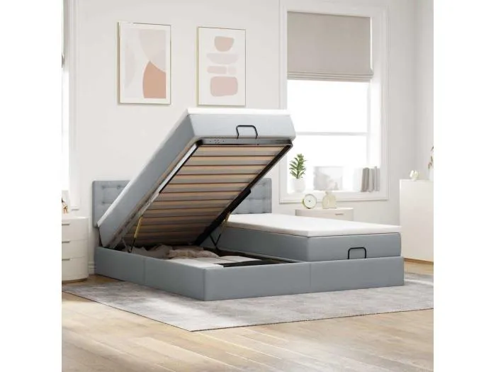 Ottoman-Bett mit Matratzen & LEDs Hellgrau 200x200 cm Stoff
