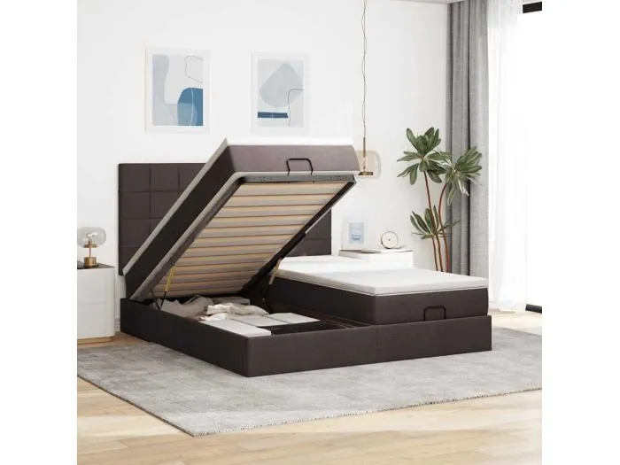 Ottoman-Bett mit Matratzen & LEDs Dunkelbraun 200x200 cm Stoff