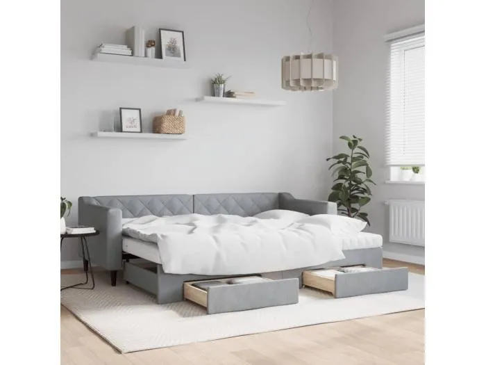 Tagesbett Ausziehbar mit Schubladen Hellgrau 80x200 cm Stoff
