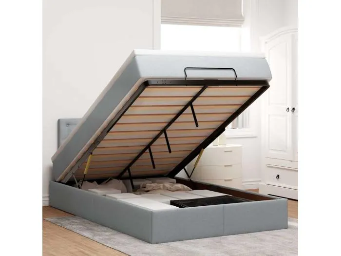 Ottoman-Bett mit Matratze & LEDs Hellgrau 120x200 cm Stoff