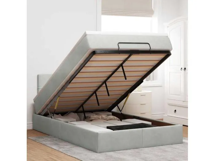 Ottoman-Bett mit Matratze & LEDs Hellgrau 120x200 cm Samt