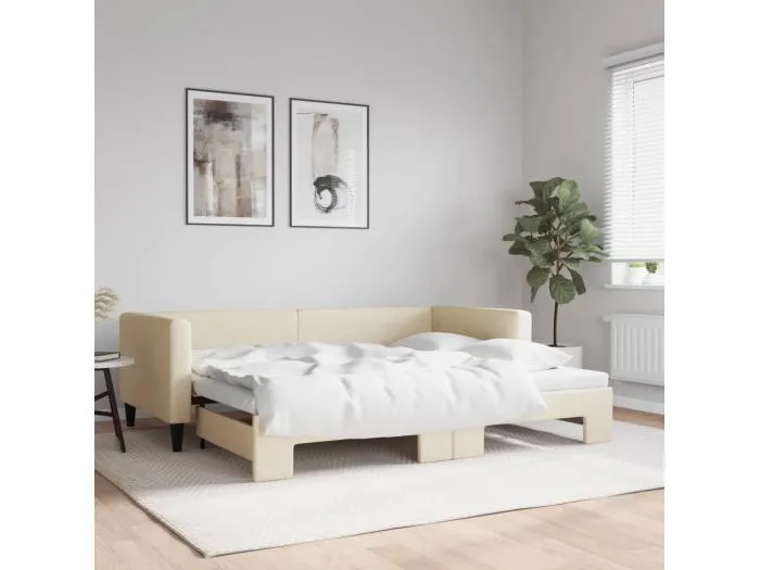 Tagesbett Ausziehbar Creme 90x200 cm Stoff
