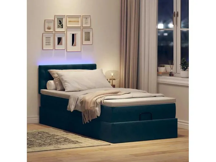 Ottoman-Bett mit Matratze & LEDs Dunkelblau 100x200 cm Samt