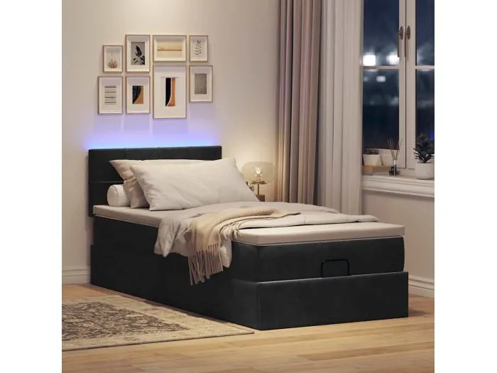 Ottoman-Bett mit Matratze & LEDs Schwarz 90x200 cm Samt