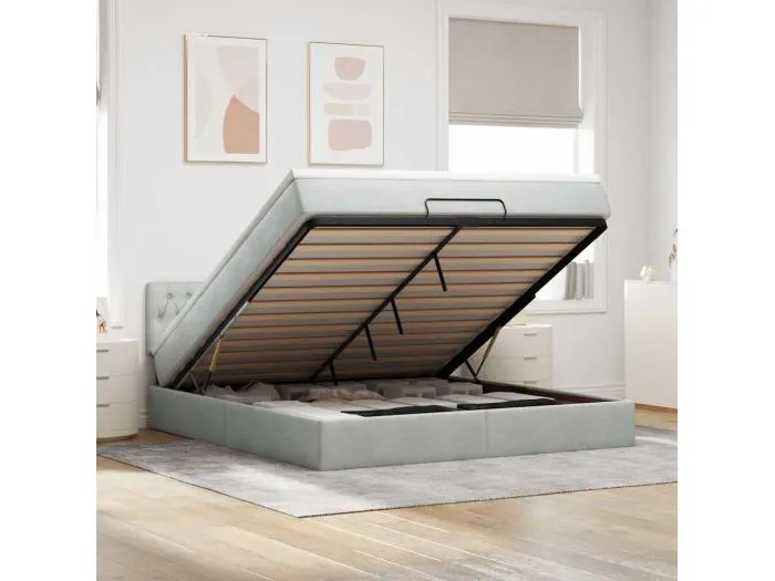 Ottoman-Bett mit Matratze & LEDs Hellgrau 160x200 cm Samt