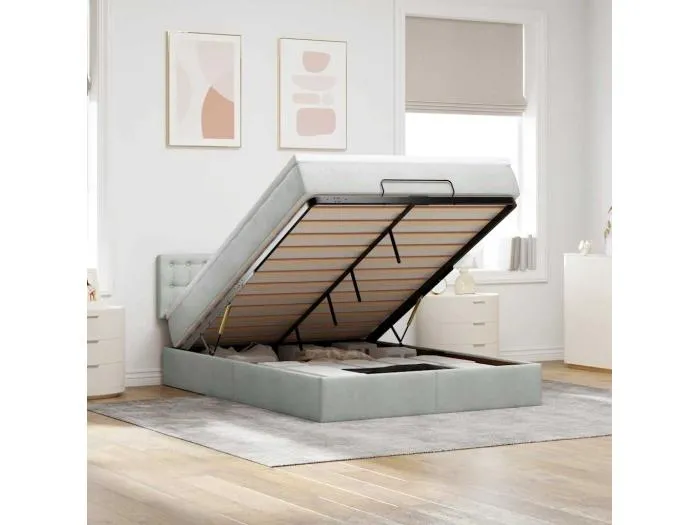 Ottoman-Bett mit Matratze & LEDs Hellgrau 140x200 cm Samt