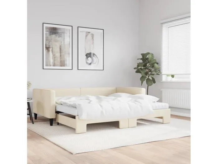 Tagesbett Ausziehbar mit Matratzen Creme 100x200 cm Stoff
