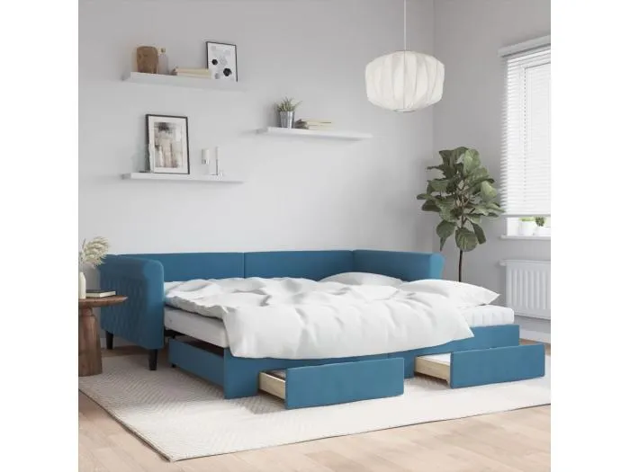 Tagesbett Ausziehbar mit Schubladen Blau 100x200 cm Samt
