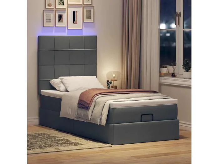 Ottomane Bett mit Matratze & LEDs Dunkelgrau 90x200 cm Stoff