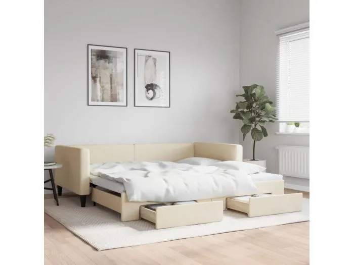 Tagesbett Ausziehbar mit Schubladen Creme 100x200 cm Stoff