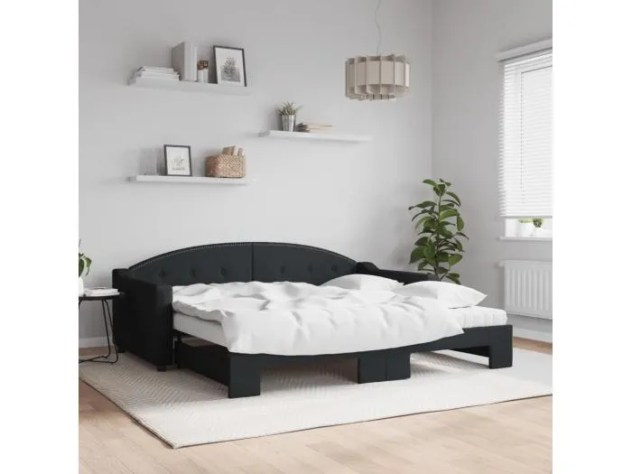 Tagesbett Ausziehbar mit Matratzen Schwarz 90x190 cm Stoff