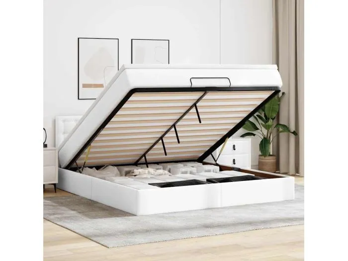 Ottoman-Bett mit Matratzen & LEDs Reinweiß 160x200cm Kunstleder