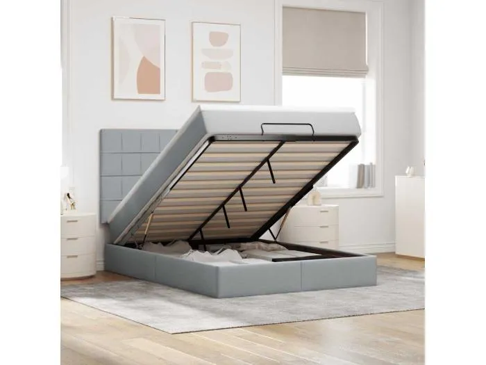Ottoman-Bett mit Matratze & LEDs Hellgrau 140x190 cm Stoff