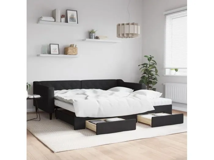 Tagesbett Ausziehbar mit Schubladen Schwarz 100x200 cm Stoff
