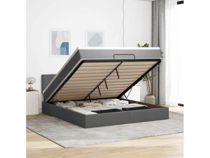 Ottomane Bett mit Matratze & LEDs Dunkelgrau 180x200 cm Stoff