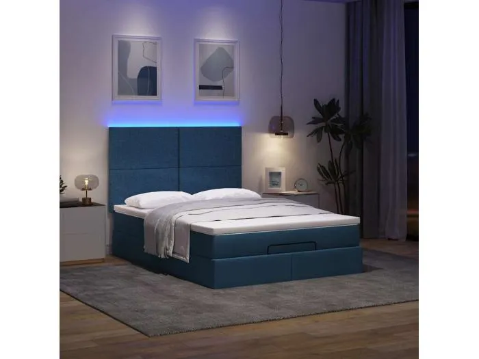 Ottoman-Bett mit Matratze & LEDs Blau 140x200 cm Stoff