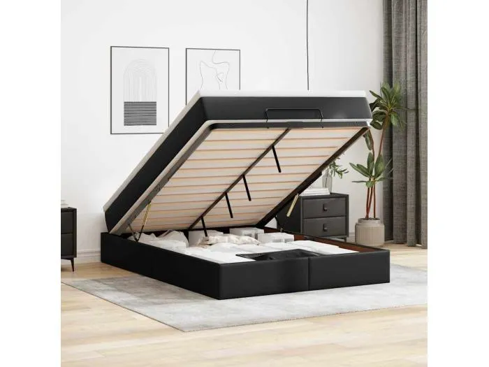 Ottoman-Bett mit Matratze Schwarz 140x200 cm Kunstleder