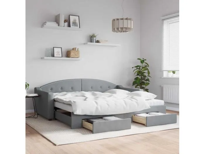 Tagesbett Ausziehbar mit Schubladen Hellgrau 90x200 cm Stoff