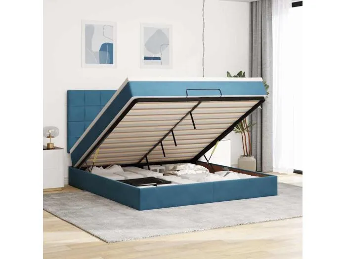 Ottoman-Bett mit Matratzen & LEDs Dunkelblau 160x200 cm Samt