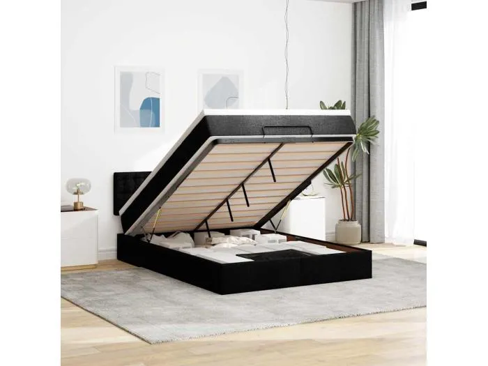 Ottomane Bett mit Matratze & LEDs Schwarz 140x190 cm Stoff