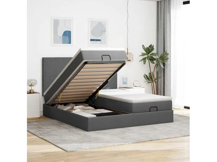 Ottoman-Bett mit Matratzen & LEDs Dunkelgrau 180x200 cm Stoff