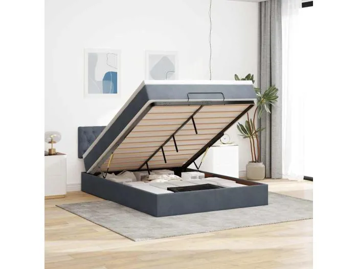 Ottoman-Bett mit Matratze & LEDs Dunkelgrau 140x190 cm Samt