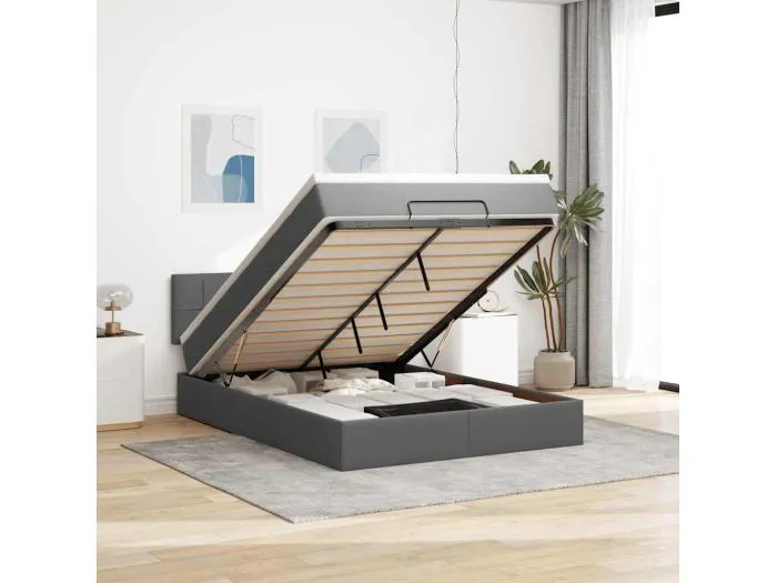 Ottomane Bett mit Matratze & LEDs Dunkelgrau 140x190 cm Stoff