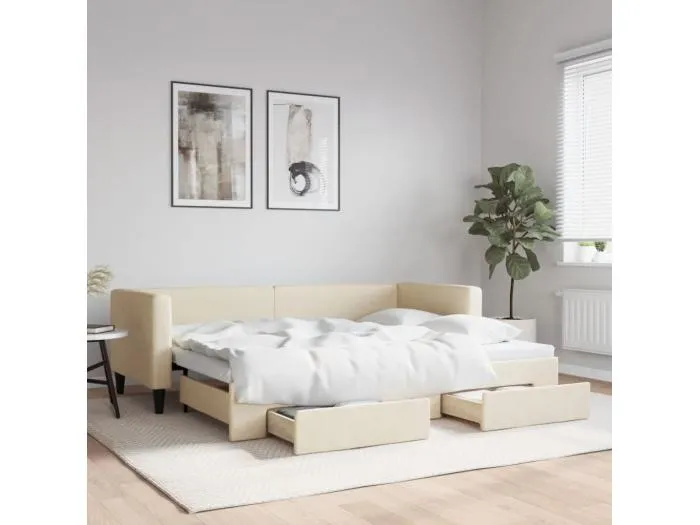 Tagesbett Ausziehbar mit Schubladen Creme 80x200 cm Stoff