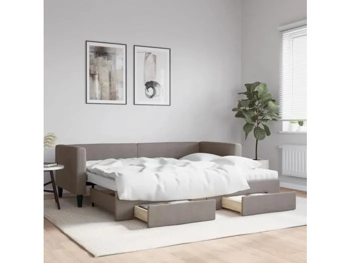 Tagesbett Ausziehbar mit Schubladen Taupe 80x200 cm Stoff
