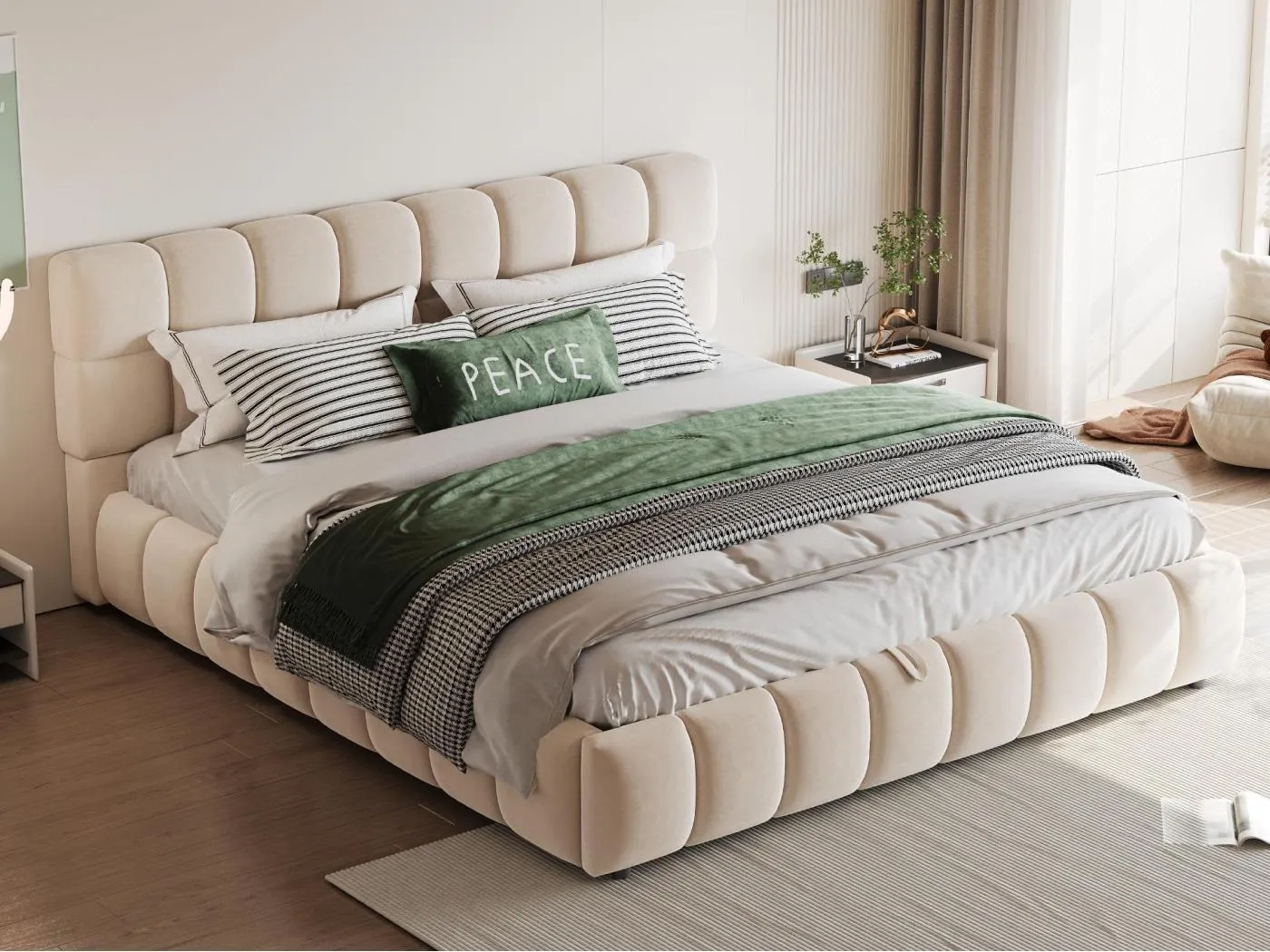 Gepolstertes Bett mit Stauraum 140×200 cm - Doppelbett - Samt - Beige (Matratze nicht inbegriffen)