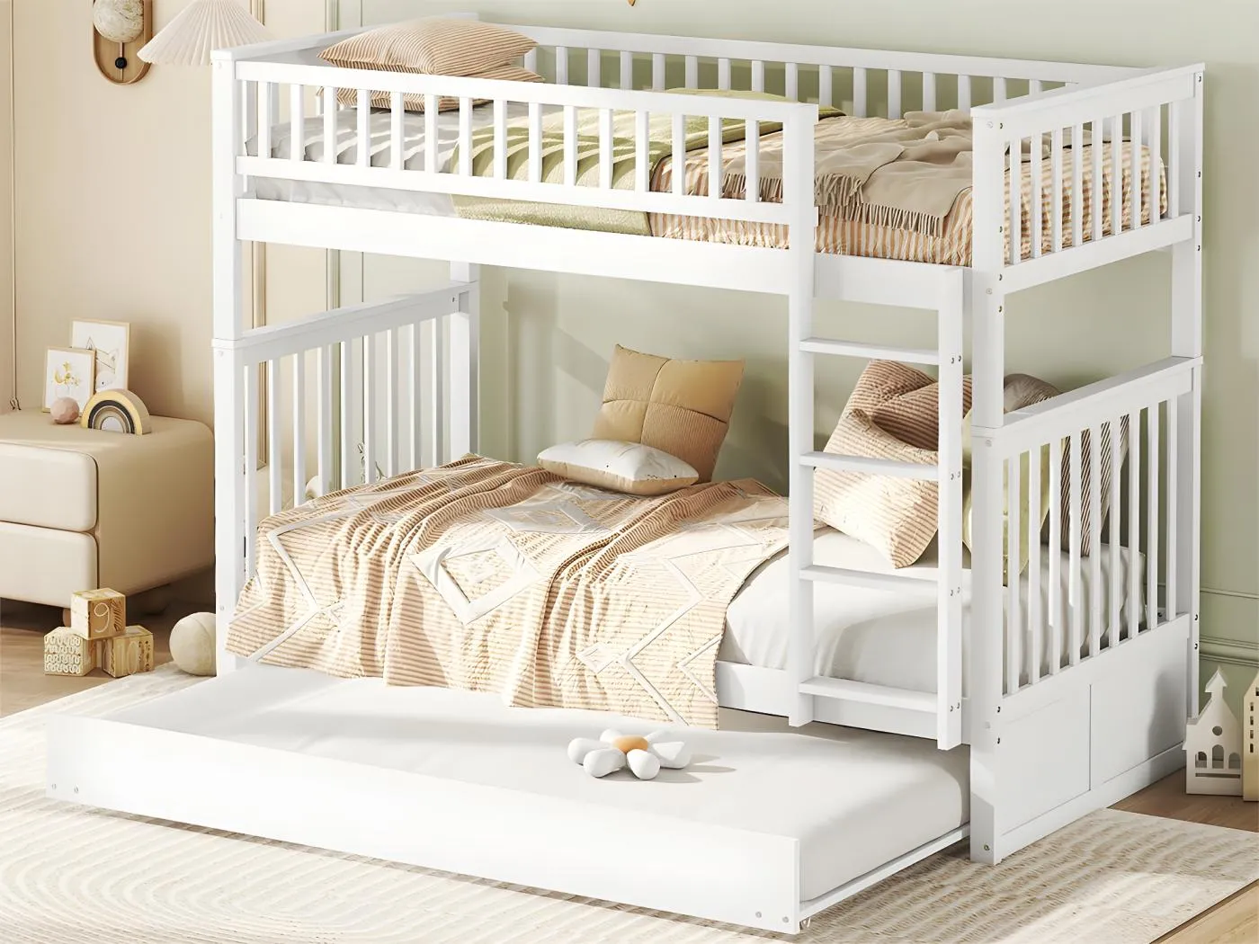 Etagenbett 2x90x200cm mit Ausziehbett 90x190cm – mit Geländer und Treppe – Weiß