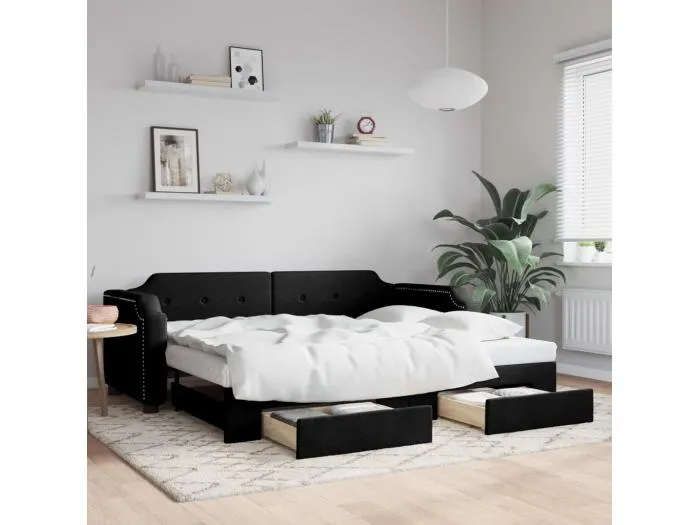 Tagesbett Ausziehbar,Ausziehbett mit Schubladen Schwarz 90x190 cm Stoff -gkd46121