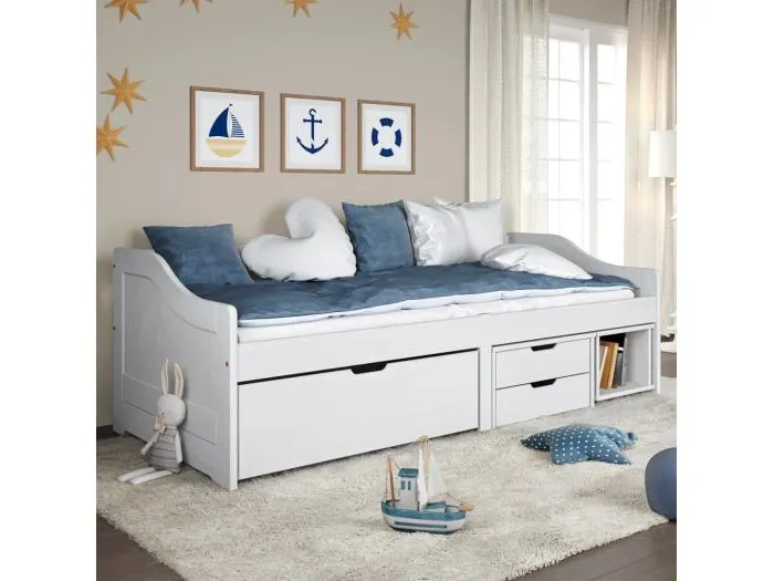 Tagesbett,Sofabett mit 3 Schubladen IRUN Weiß 90x200cm Massivholz Kiefer -gkd79372