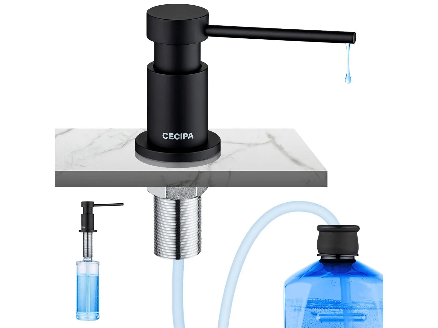 Cecipa max Schwarzer Seifenspender - Spülbeckenseifenspender mit 300-ml-Behälter + 1,25 m Silikon-Verlängerungsschlauch, EU-Modell
