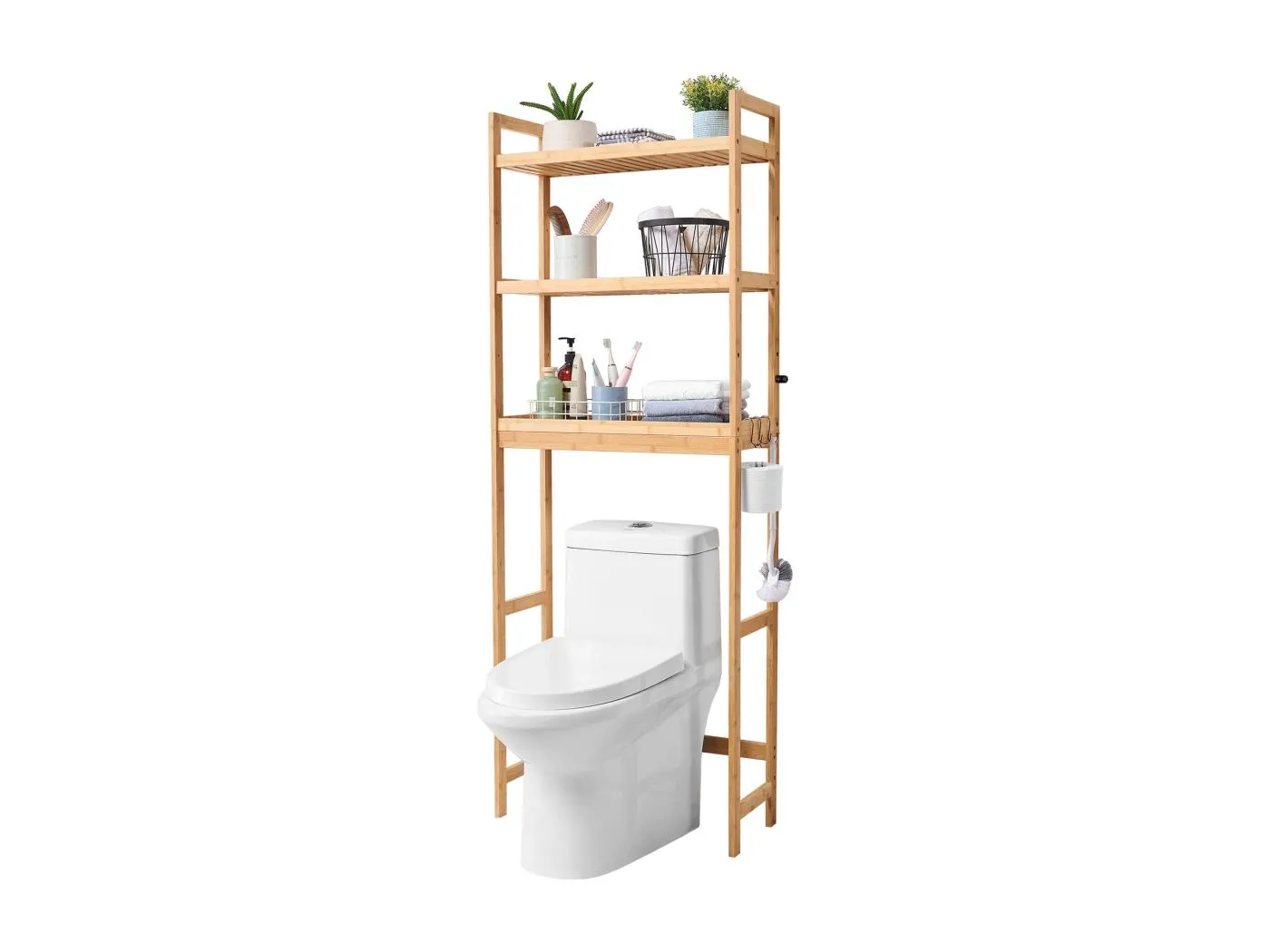 Wc Möbel SucceBuy 3-Stufiger Toiletten-Aufbewahrungsschrank, Einstellbarer Bambus-Organisator mit 3 Haken, Standalone