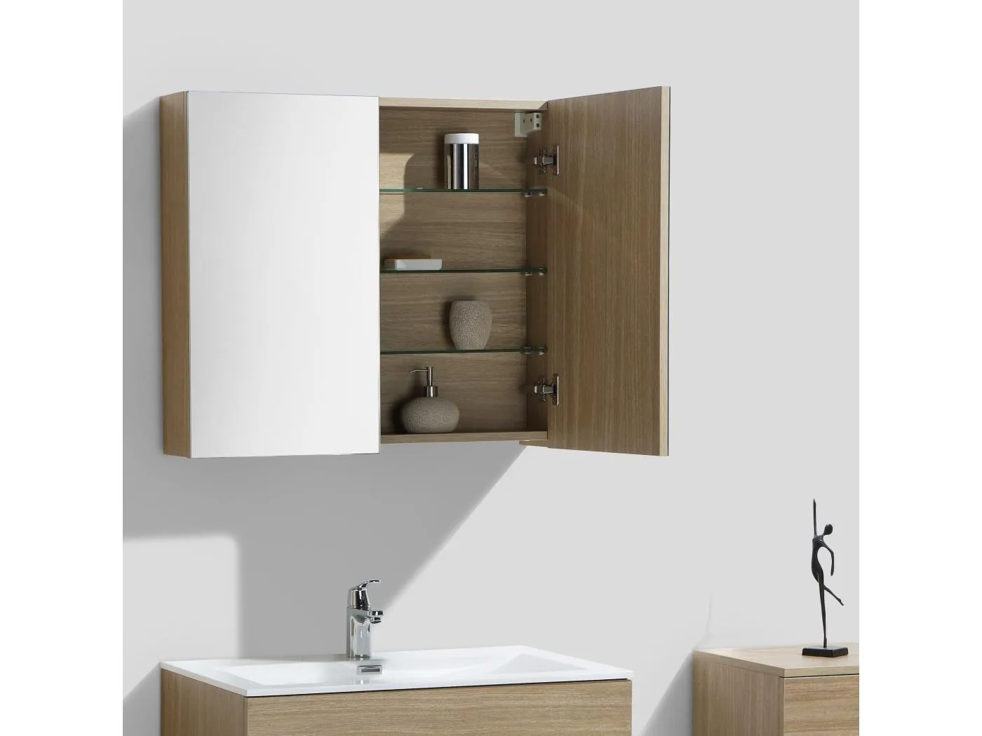 Spiegelschrank Bad 80 cm montiert Eiche hell SIENA