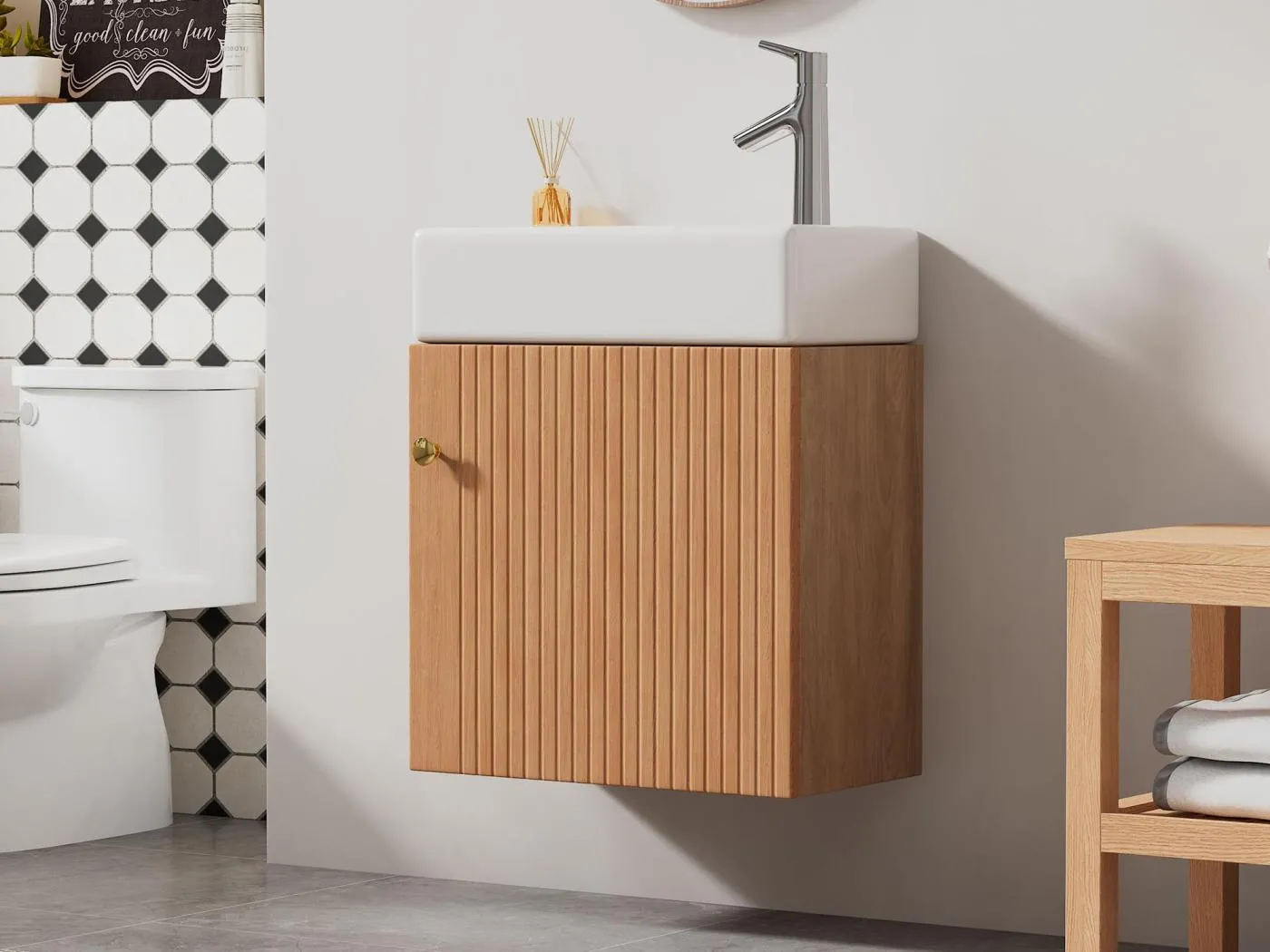 Gestreifte hängende Badezimmermöbel mit quadratischem Waschbecken – 46 cm – Natur (Wasserhahn nicht im Lieferumfang enthalten)