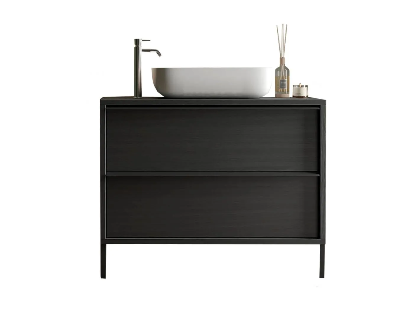 Badezimmermöbel FRASSI – 79 cm – Ascheschwarz – Waschbecken inklusive – 2 Schubladen