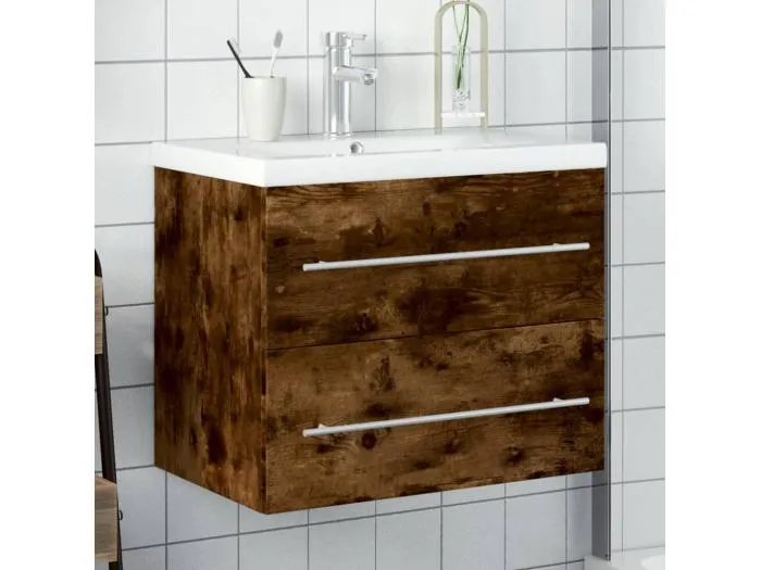 Waschbeckenunterschrank mit Einbaubecken Räuchereiche