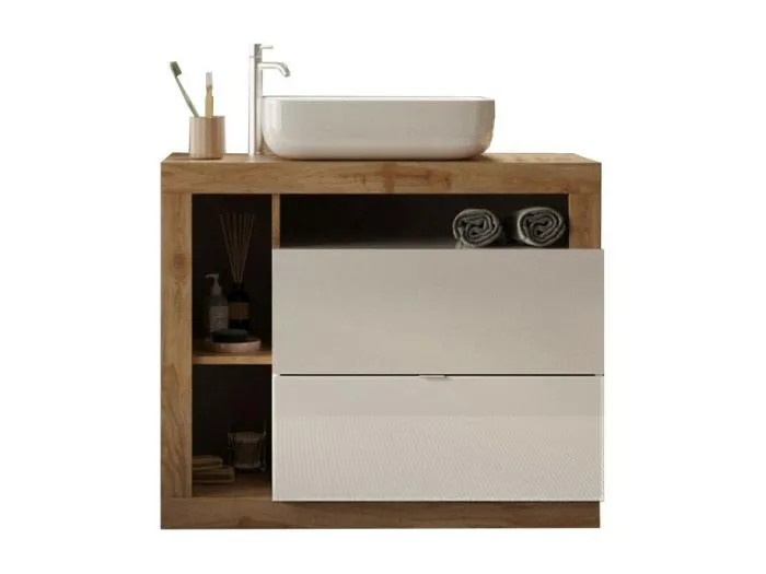 Badezimmermöbel mit einem Waschbecken und 2 Schubladen, Länge 92 cm, Kollektion BURA. Farbe Hochglanzweiß und helles Eichenholz.