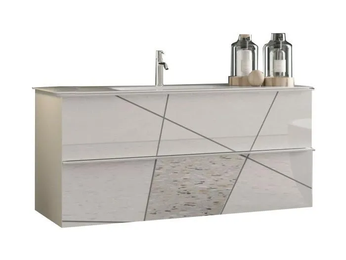 Hängendes Badezimmermöbel mit 1 Waschbecken und 2 Schubladen, Länge 82 cm, Kollektion VITARIO. Farbe Hochglanzweiß.