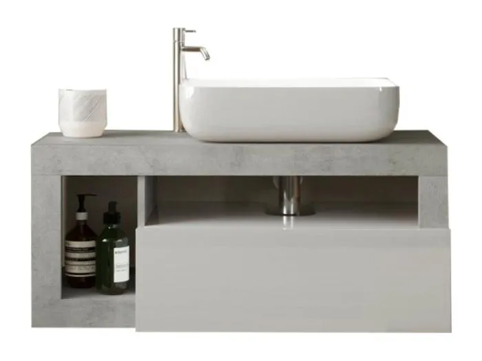 Hängendes Badezimmermöbel mit einem Waschbecken und 1 Schublade, Länge 92cm, Kollektion BURA. Farbe: Hochglanzweiß und Beton.