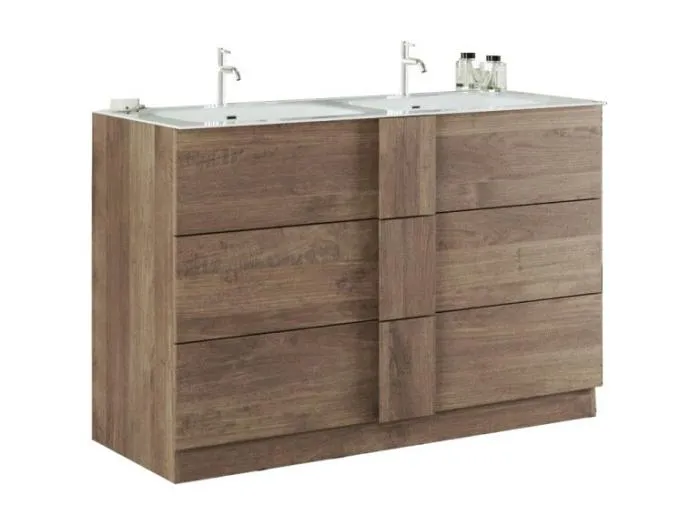 Badezimmermöbel mit zwei Waschbecken und drei Schubladen, Kollektion FRASSI. Farbe in hellem Eichenholz.