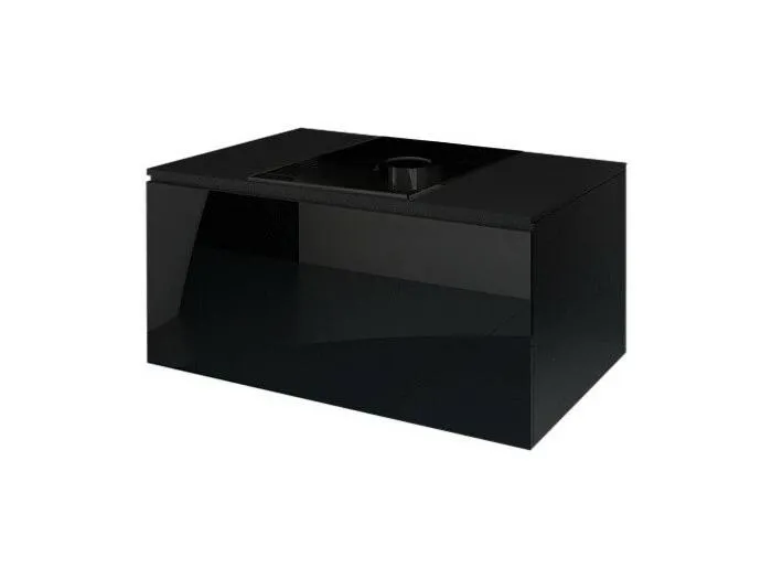 Hängender Waschtischunterschrank der Kollektion OWL, matt und glänzend schwarz, schwarze Glasplatte, ideal für das Badezimmer.