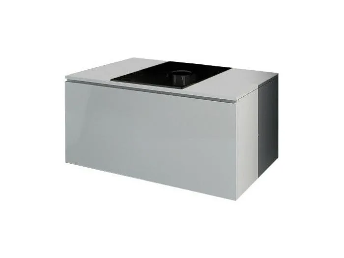 Hängender Waschtischunterschrank Kollektion OWL, mattweiß und glänzend, mit schwarzer Glasplatte, ideal für das Badezimmer.